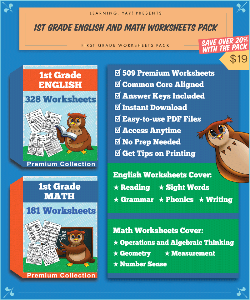 Premium First Grade English and Math Worksheets Pack cover reading, writing, phonics, grammar, sight words, number sense, operations and algebraic thinking, measurement, and geometry.