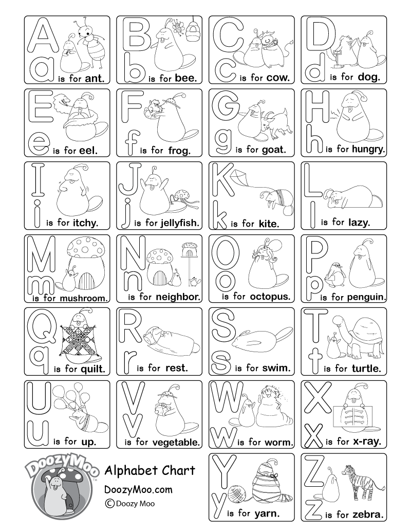 This is a black and white alphabet chart with upper and lowercase letters. It also has pictures featuring Doozy Moo.