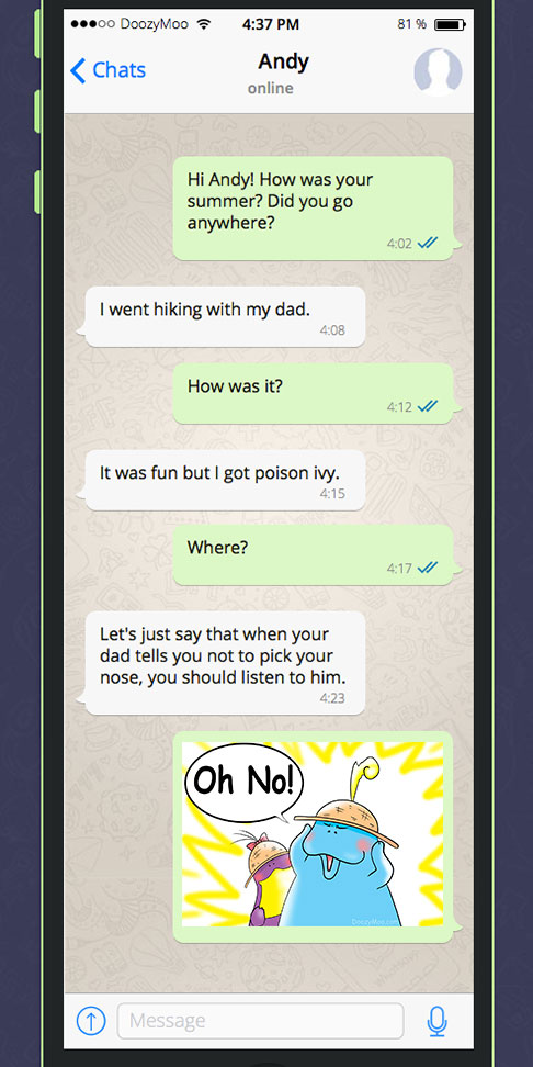 This is a screenshot of a funny text message conversation between two friends discussing summer vacation. After one friend finds out about the other’s mishap, he replies with the "Oh No!" messaging sticker.