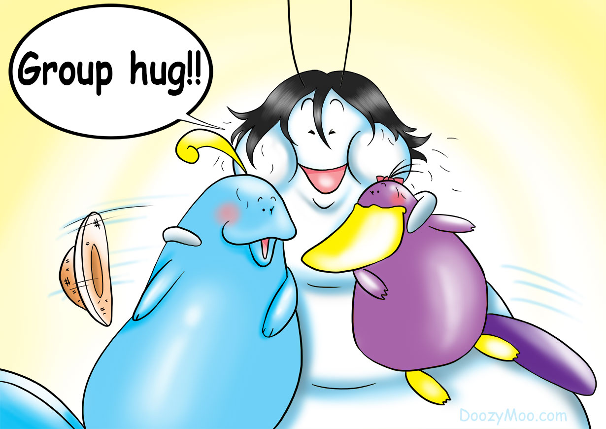 A funny cartoon character says "Group Hug!" while hugging his friends.