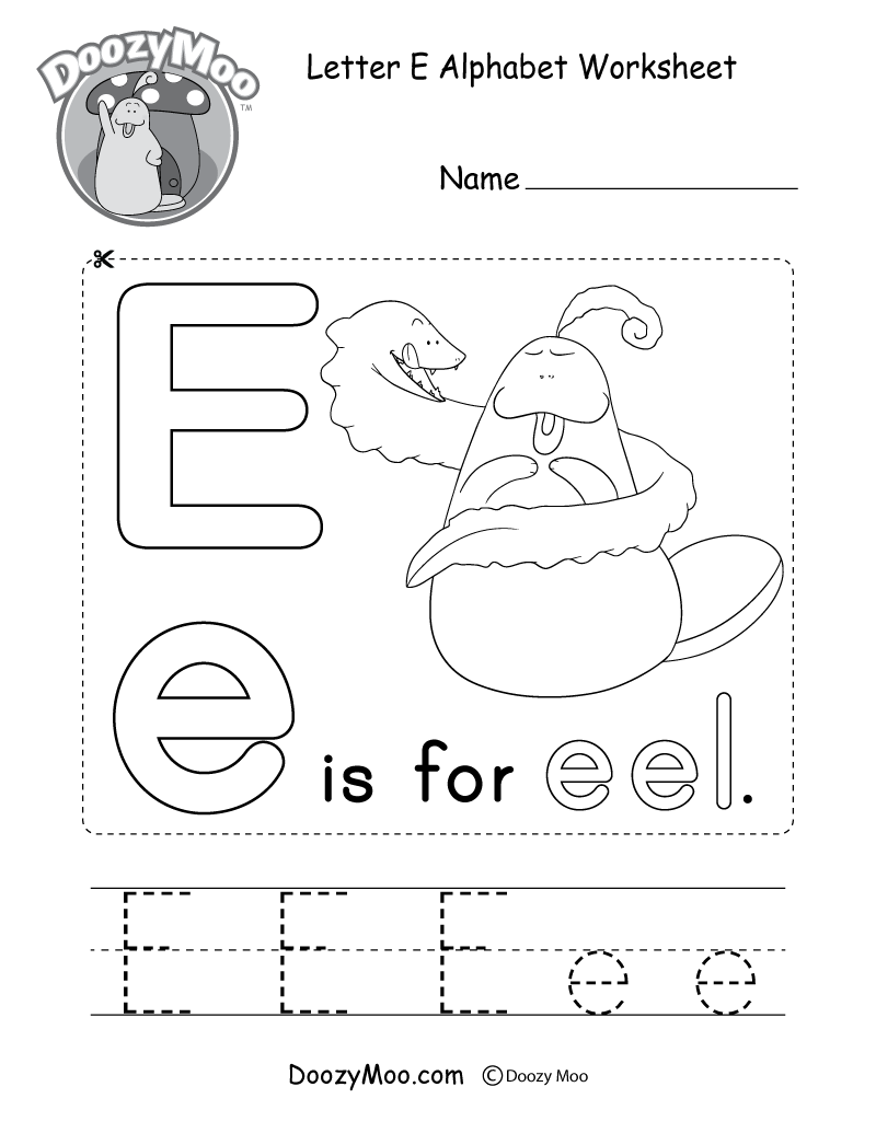 Letter E Alphabet Worksheet. The letter E is for eel.