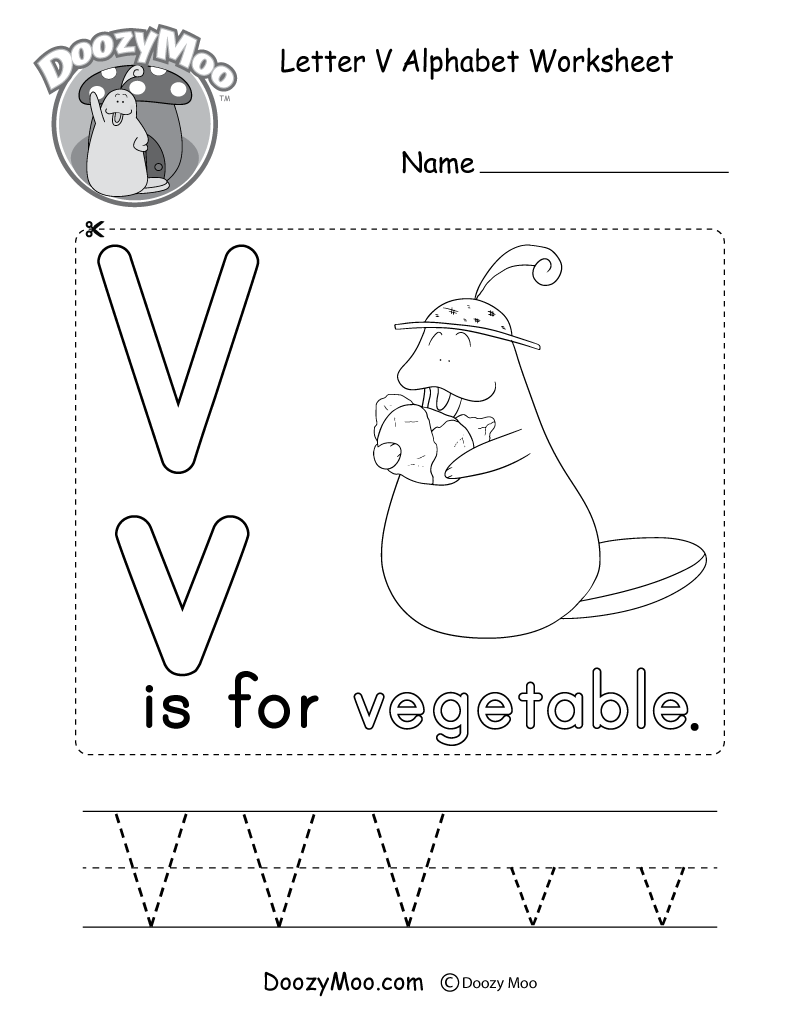 Letter V Alphabet Worksheet. The letter V is for vegetable.