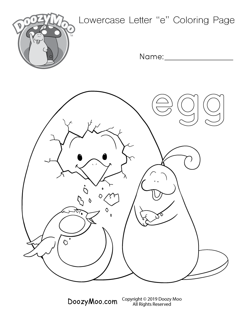 A small letter "e" and Doozy Moo are both helping a baby chick hatch from an egg in this lowercase letter "e" coloring page.