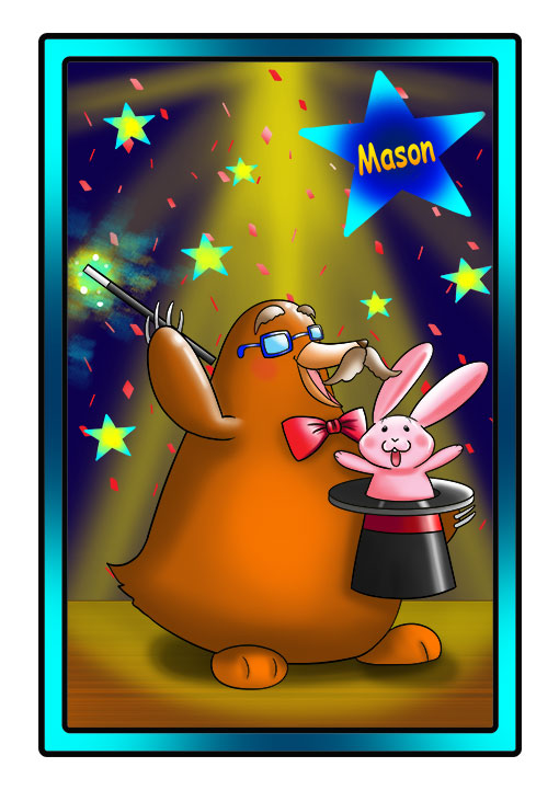 This character profile card shows Mason, a groundhog, performing his secret skill: magic.