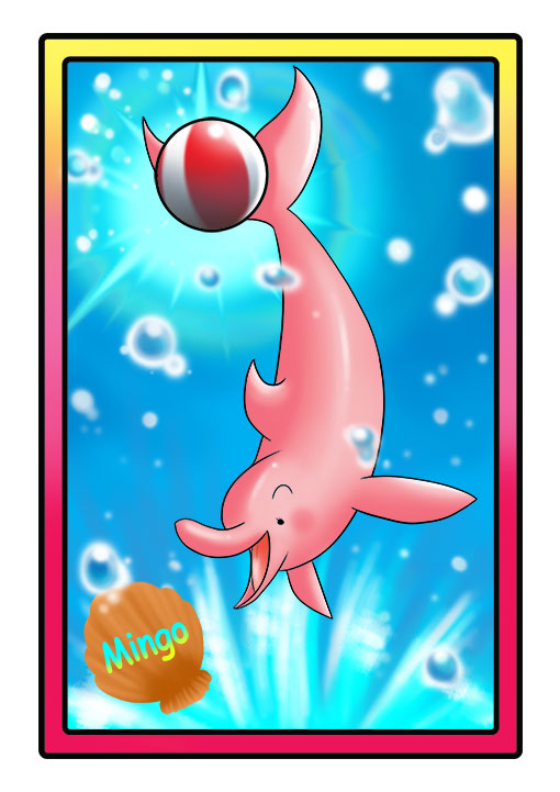 This character profile card shows Mingo, a pink dolphin, performing her secret skill: kicking a ball really far with her tail.