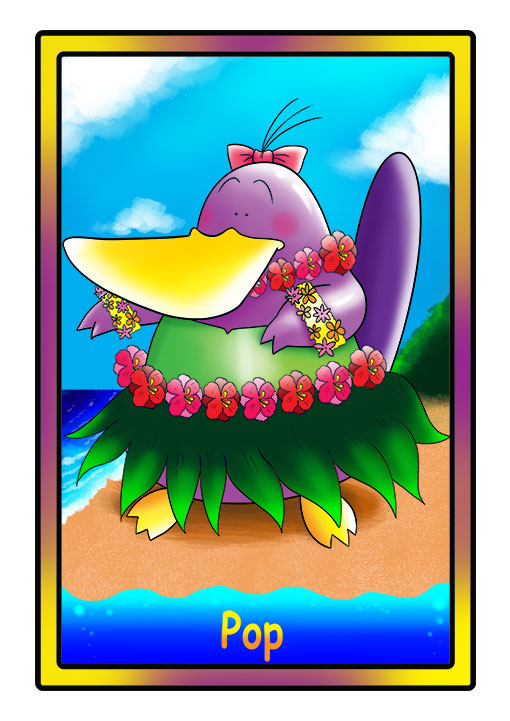 This character profile card shows Pop, a platypus, performing her secret skill: hula dancing.