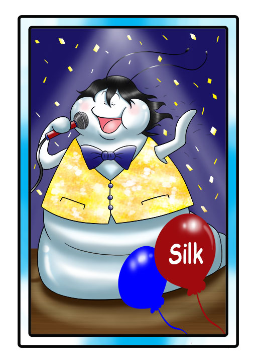 This character profile card shows Silk, a silk worm, performing his secret skill: singing.