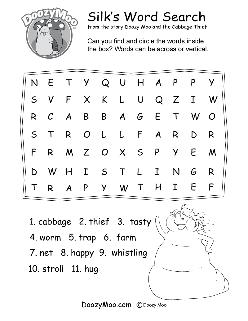 This is a word search worksheet featuring a funny character named Silk.
