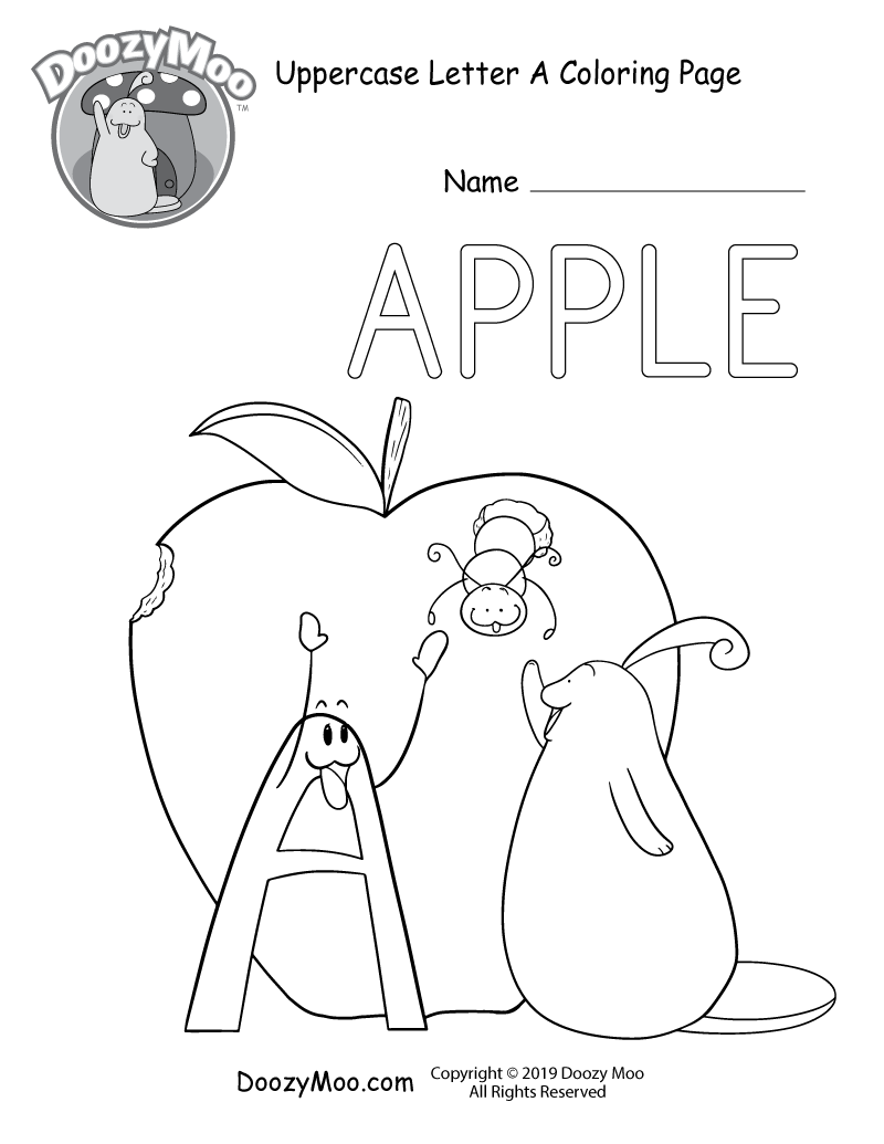 Doozy Moo and the letter A say hello to a cute worm as it crawls out of an apple in this uppercase letter A coloring page.