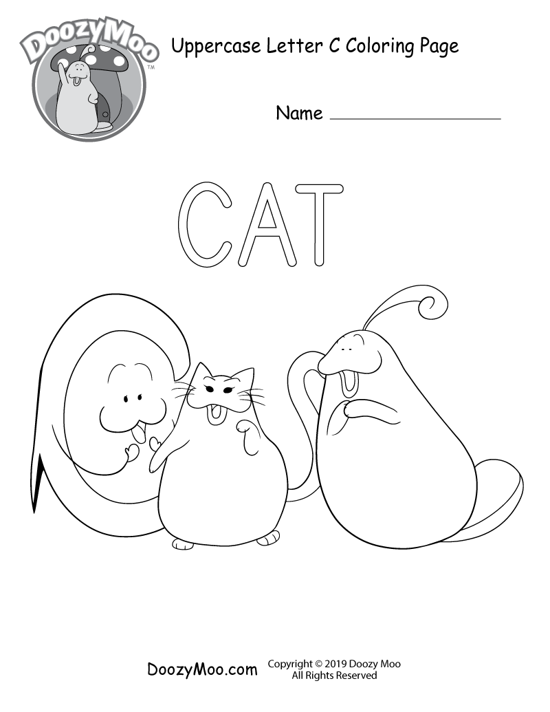 Doozy Moo and the letter C have fun playing with a cat in this uppercase letter C coloring page.