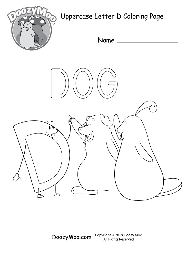 The letter D gives a dog a high five in this uppercase letter D coloring page.