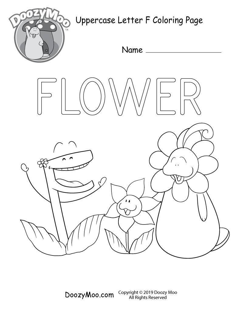 Doozy Moo and the letter F are both dressed as flowers while they spend time with their friend who happens to be flower in this uppercase letter F coloring page.