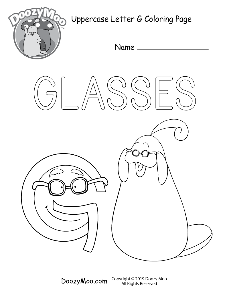 Doozy Moo and the letter G both wear glasses in this uppercase letter G coloring page.