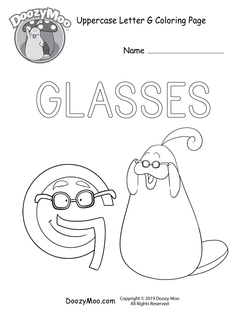 Doozy Moo and the letter G both wear glasses in this uppercase letter G coloring page