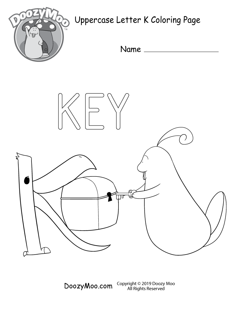 The letter K holds up a treasure chest so that Doozy Moo can easily open it with a key in this uppercase letter K coloring page.