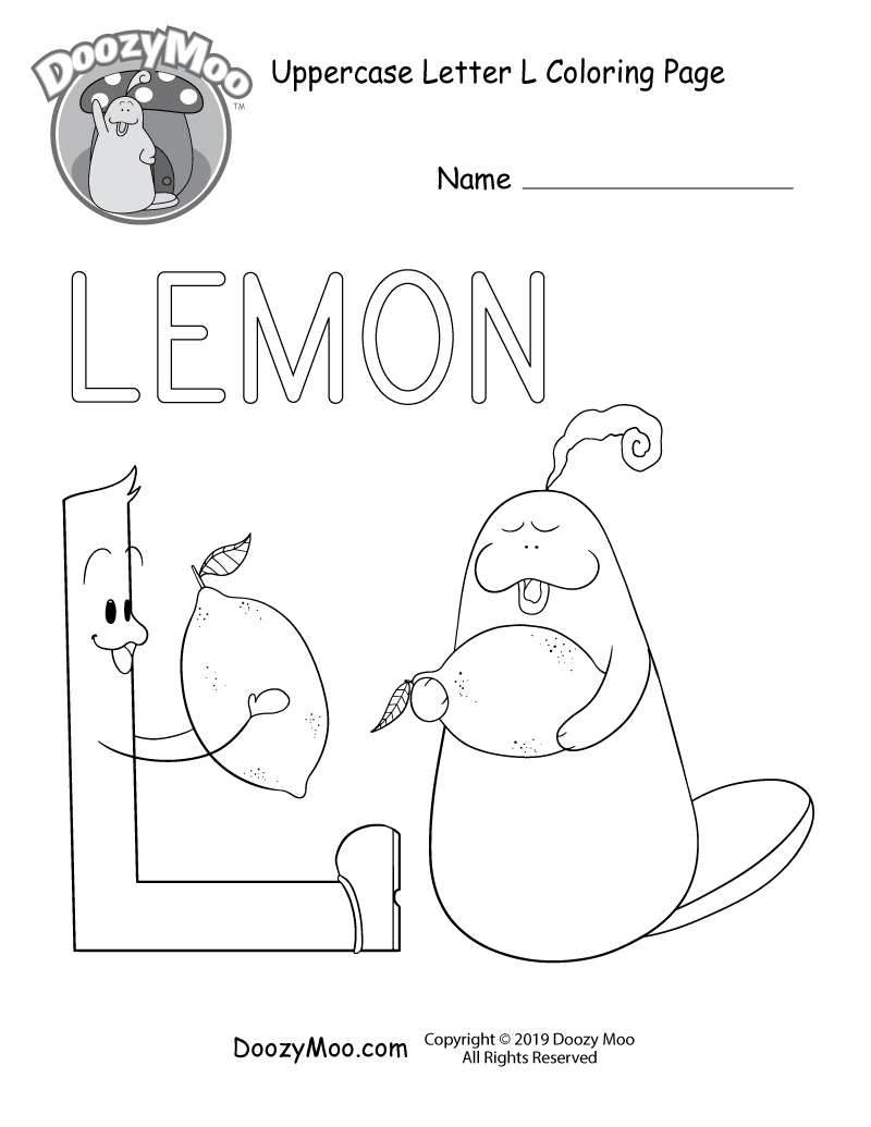 Doozy Moo and the letter L both hold lemons in this uppercase letter L coloring page.