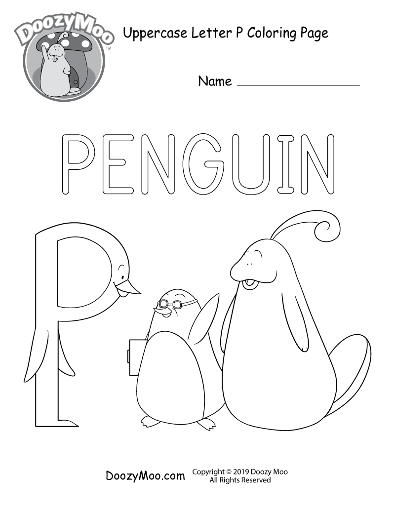 Doozy Moo and a penguin greet the letter P in this uppercase letter P coloring page.