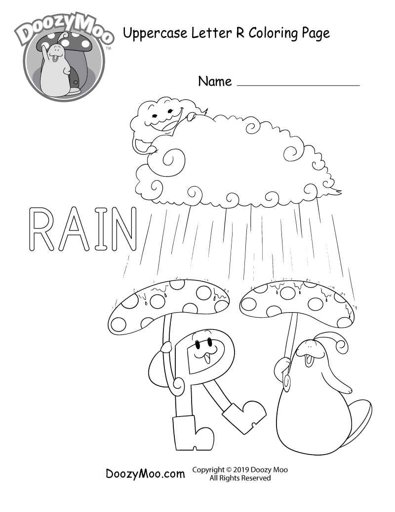 The letter R and Doozy Moo are both using umbrellas incase it rains in this uppercase letter R coloring page.