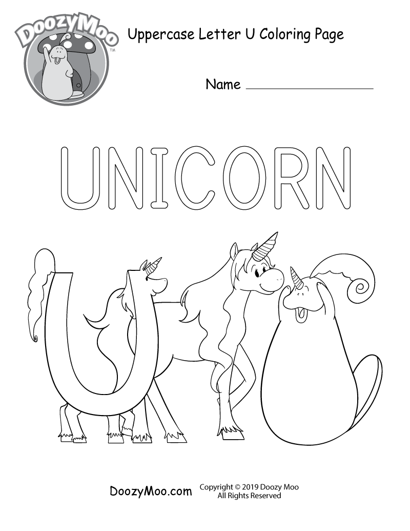 Doozy Moo and the letter U are both dressed as unicorns while they spend time with their friend who happens to be unicorn in this uppercase letter U coloring page.