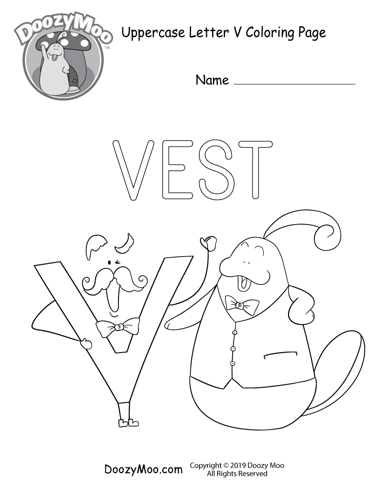 Doozy Moo wears a bow tie and a vest when he visits his tailor who also happens to be the letter V in this uppercase letter V coloring page.