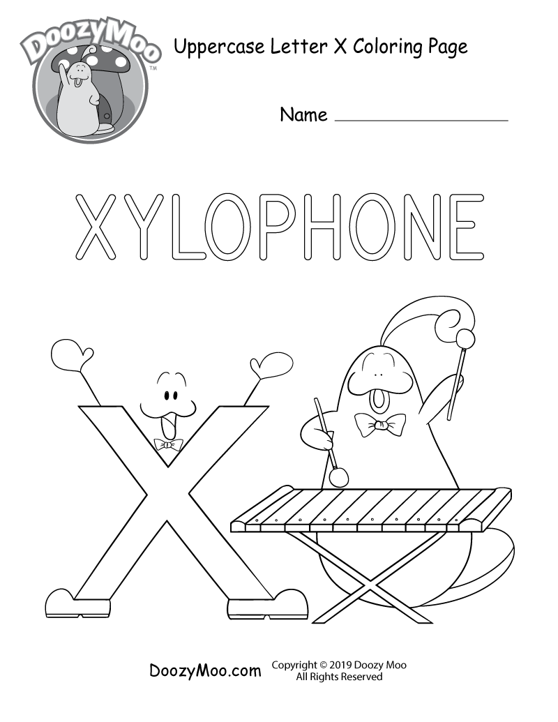 Doozy Moo plays the xylophone as letter X looks on in this uppercase letter X coloring page.