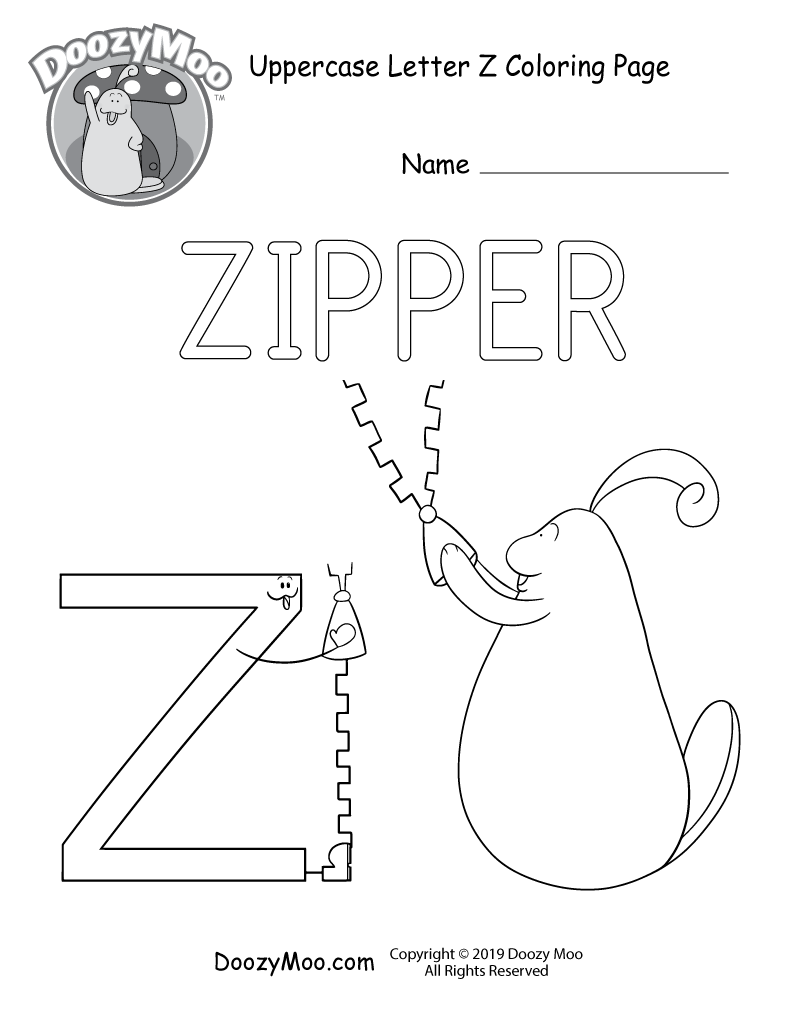 The letter Z and Doozy Moo are both opening zippers in this uppercase letter Z coloring page.